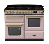 Rangemaster Estel Deluxe 110 Dual Fuel range cooker in Pale Pink with Antique Brass trim