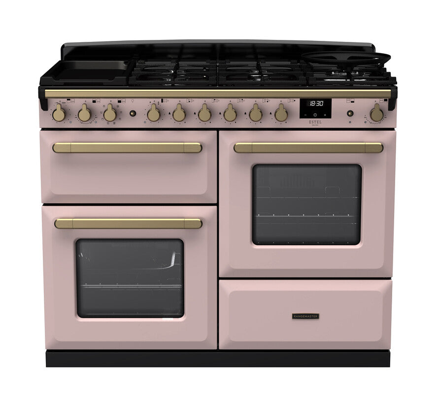 Rangemaster Estel Deluxe 110 Dual Fuel range cooker in Pale Pink with Antique Brass trim
