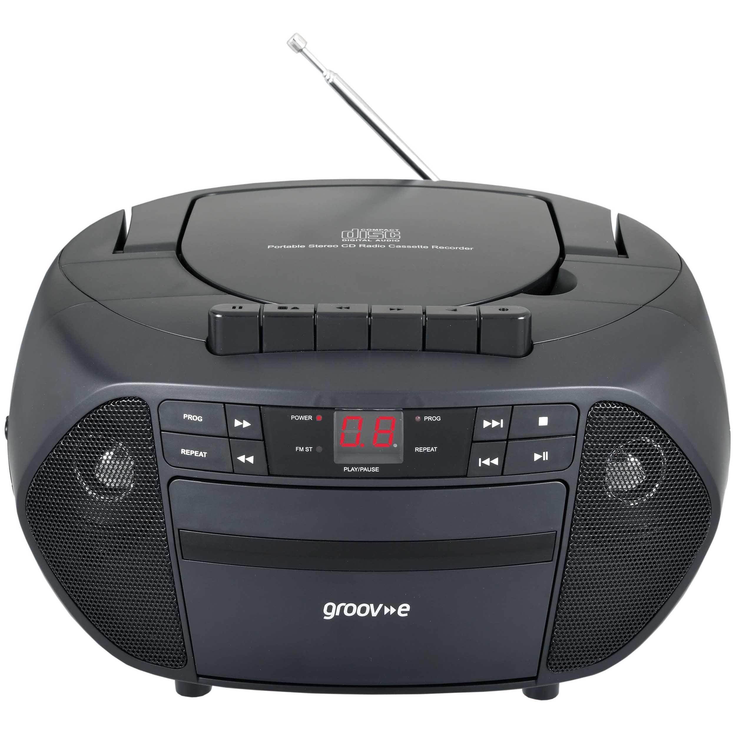 Groov-e Traditional Boombox CD Cassette and FM Radio Black - official product image
