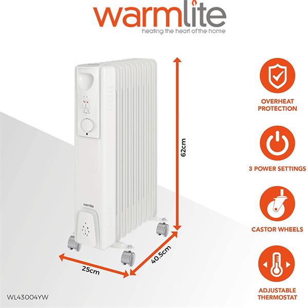 Warmlite WL43004YW oil filled radiator feature graphic showing the exact model