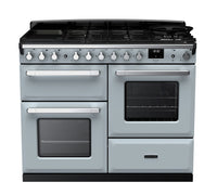 Rangemaster Estel Deluxe 110 Dual Fuel range cooker in Misty Blue with Chrome trim