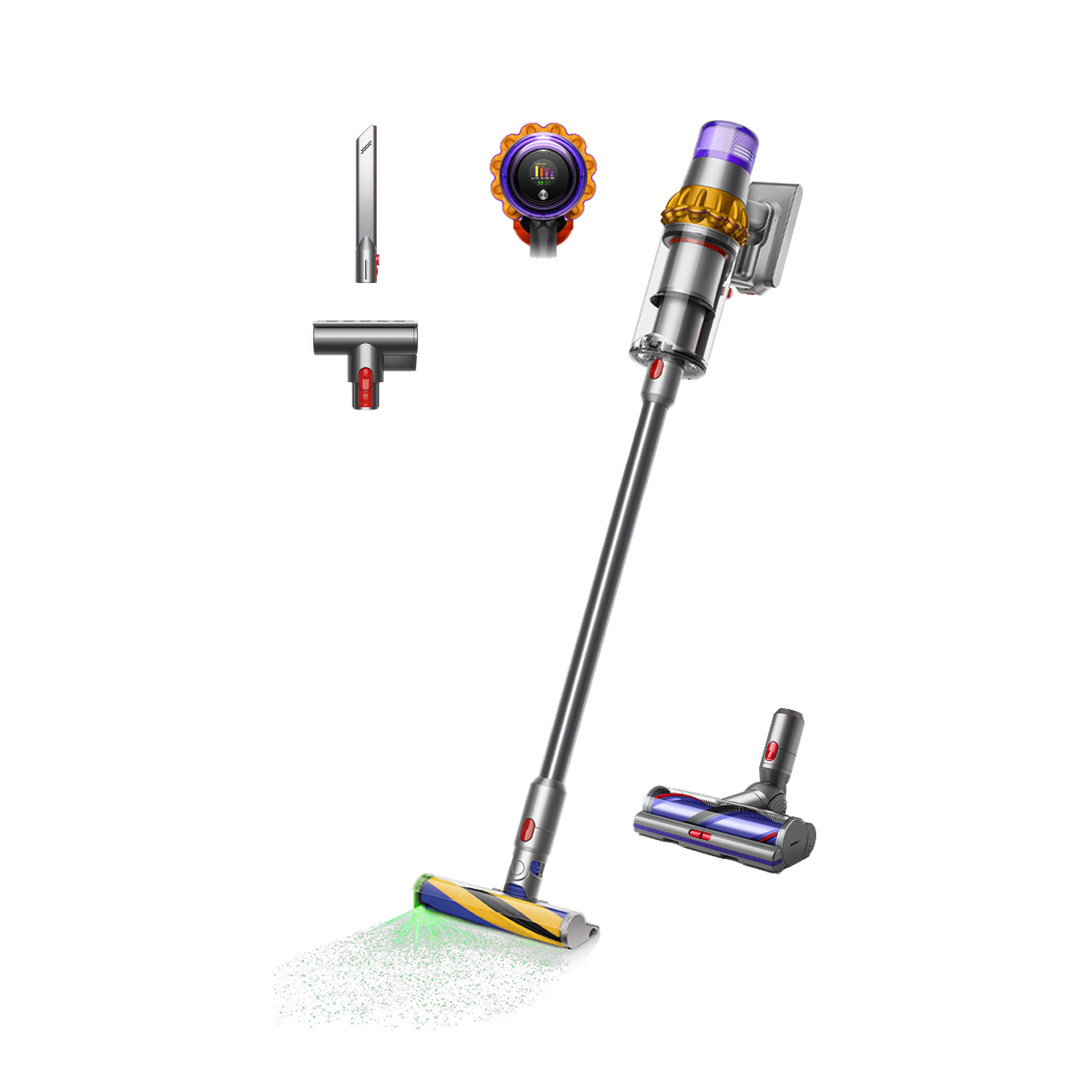 Dyson V15 Detect Absolute Cordless Vacuum Cleaner - Yellow/Nickel - front view with tools