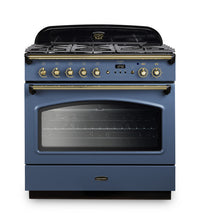 Rangemaster Classic FX 90 Dual Fuel range cooker in Stone Blue with Brass trim