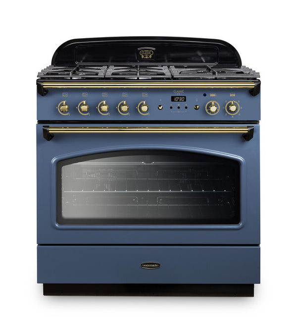 Rangemaster Classic FX 90 Dual Fuel range cooker in Stone Blue with Brass trim