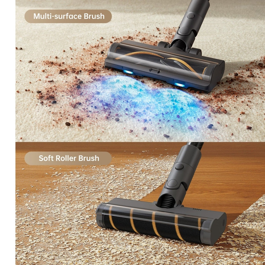 Dreame R20 VTV97A floor head on carpet and soft roller brush on a wooden floor