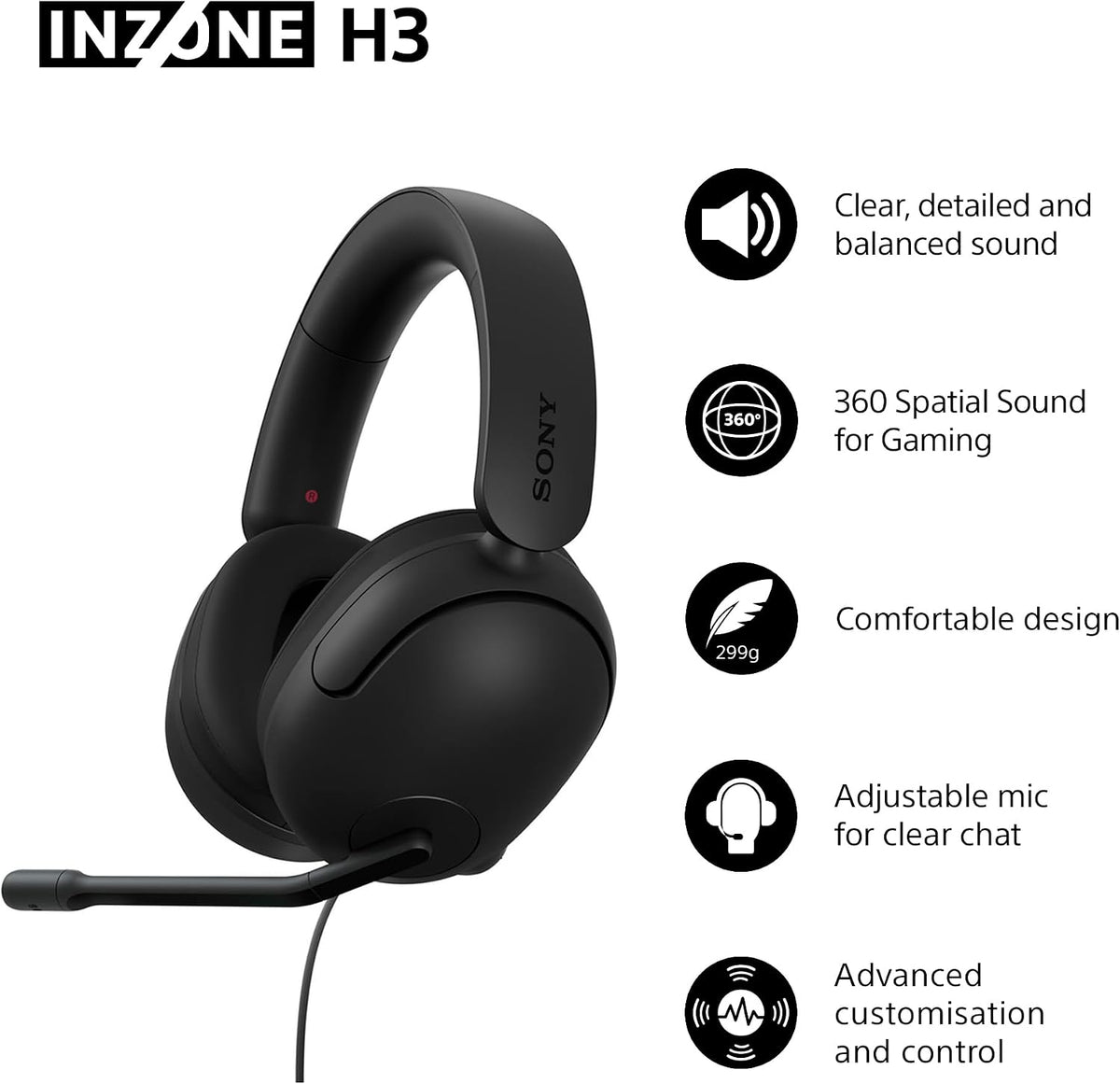 Sony INZONE H3 Wired Gaming Headset - Black - key features