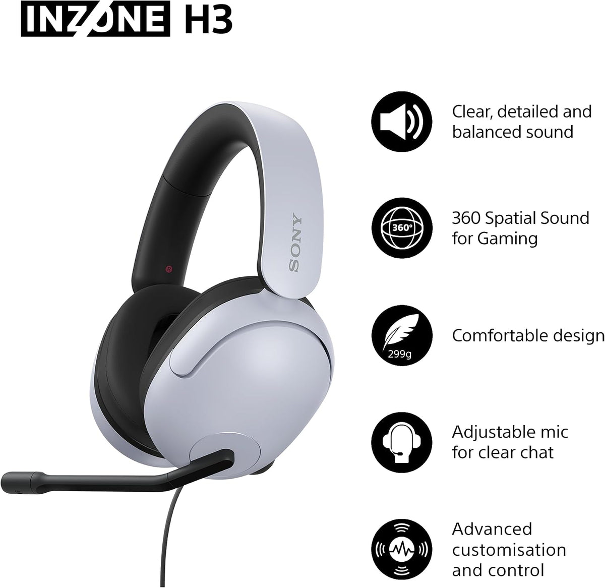 Sony INZONE H3 Wired Gaming Headset - White - key features