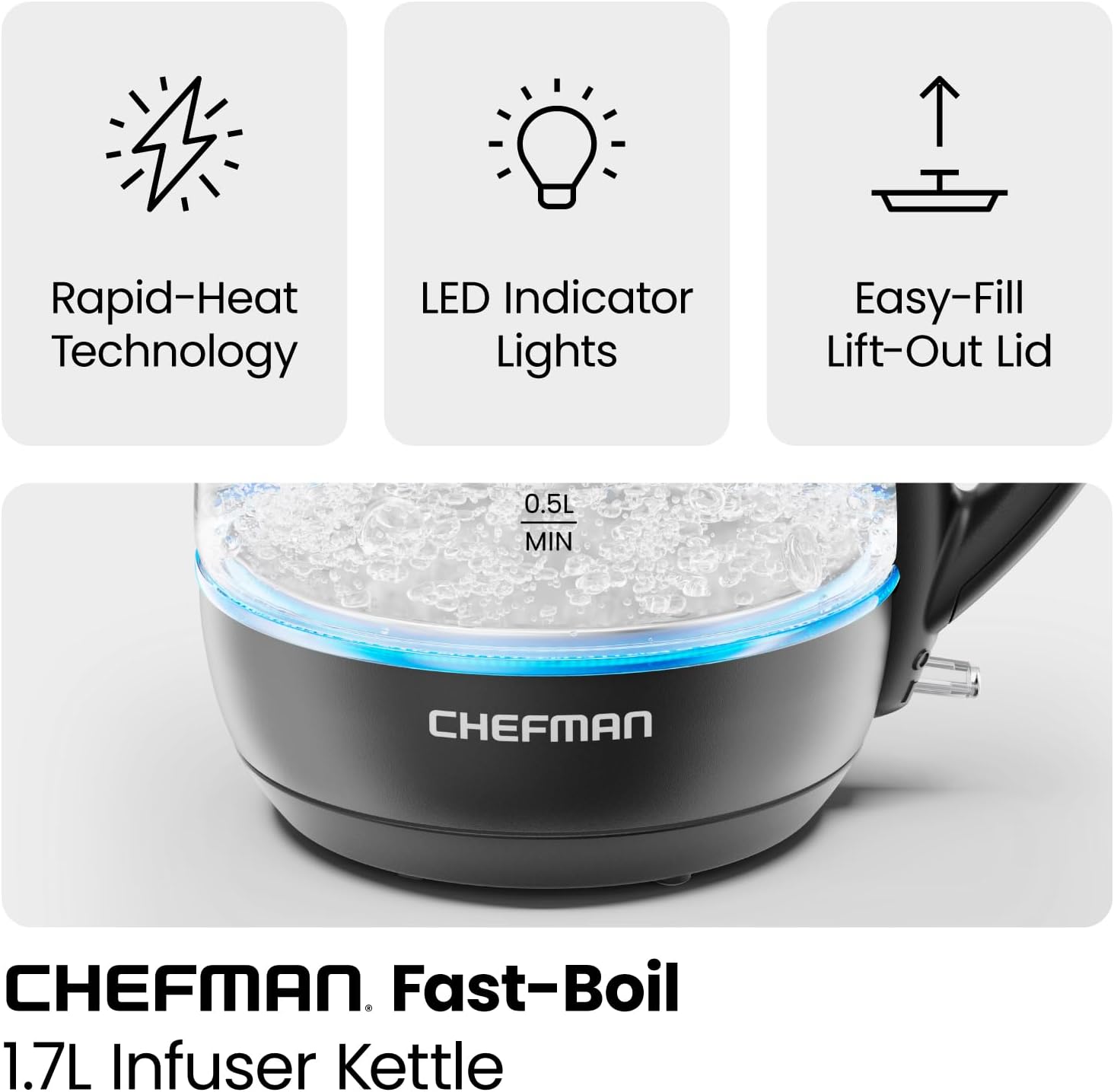 Chefman Fast-Boil 1.7L Electric Kettle with Tea Infuser | RJ11-17-GMRL-TI