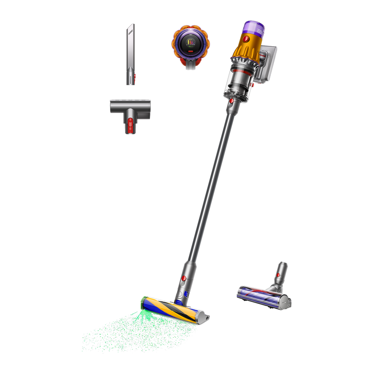 Dyson V12 Detect Slim Absolute Cordless Vacuum Cleaner - Yellow/Nickel - front view with tools