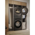 Haier X Series 5 9kg Heat Pump Tumble Dryer - Graphite - stacked laundry setup with door open