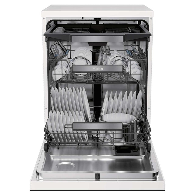 Haier I-Pro Shine Series 3 Freestanding Dishwasher 60cm - White - door open, loaded