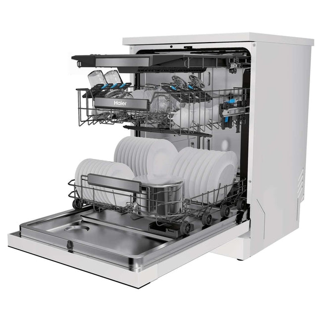Haier I-Pro Shine Series 3 Freestanding Dishwasher 60cm - White - door open, angled and loaded
