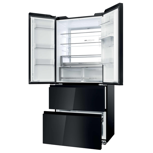 Haier FD 83 Series 7 466L French Door Fridge Freezer with Water Dispenser - Black - doors open