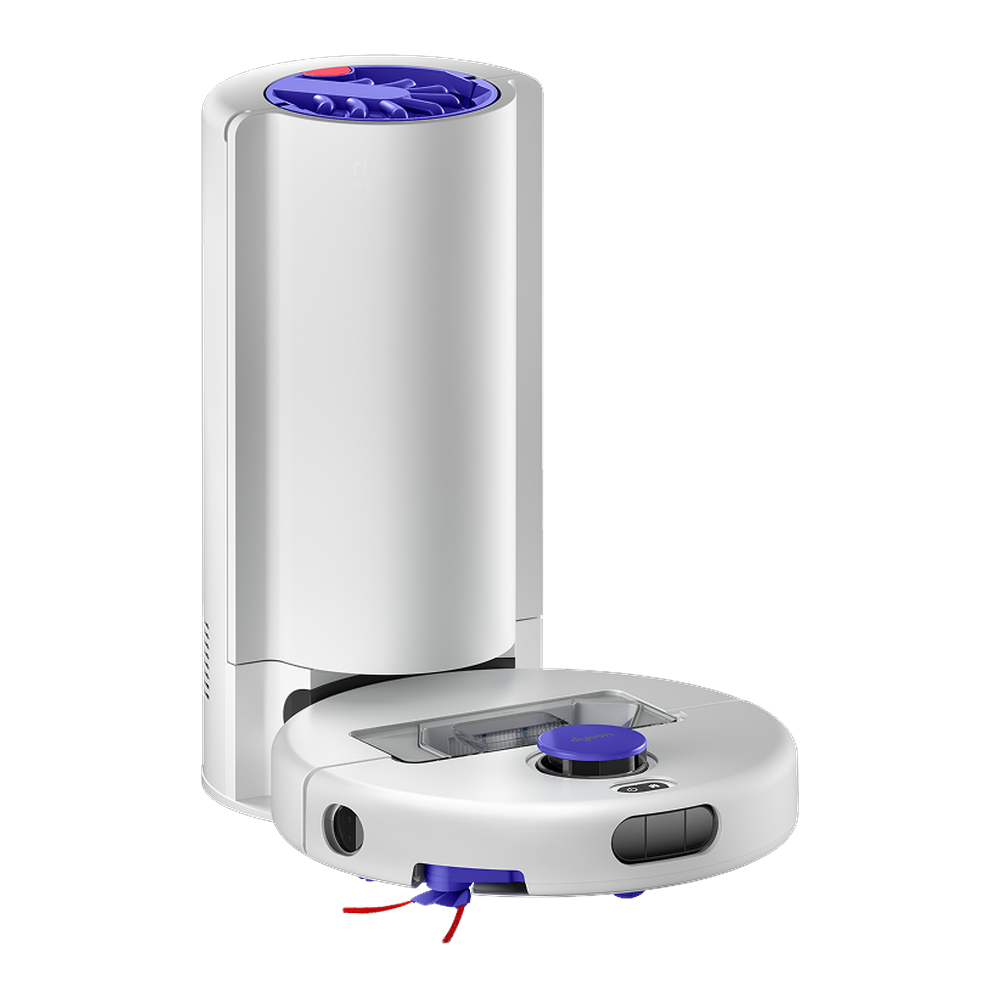 Dyson R1 Nurovi Dry Robot Vacuum Cleaner - Light Grey/Vinca Blue - front view with dock