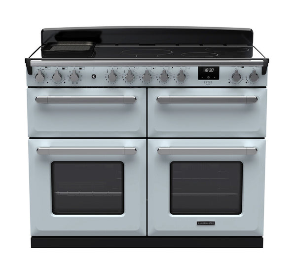 Rangemaster Estel Deluxe 110 Induction range cooker in Misty Blue with Chrome trim