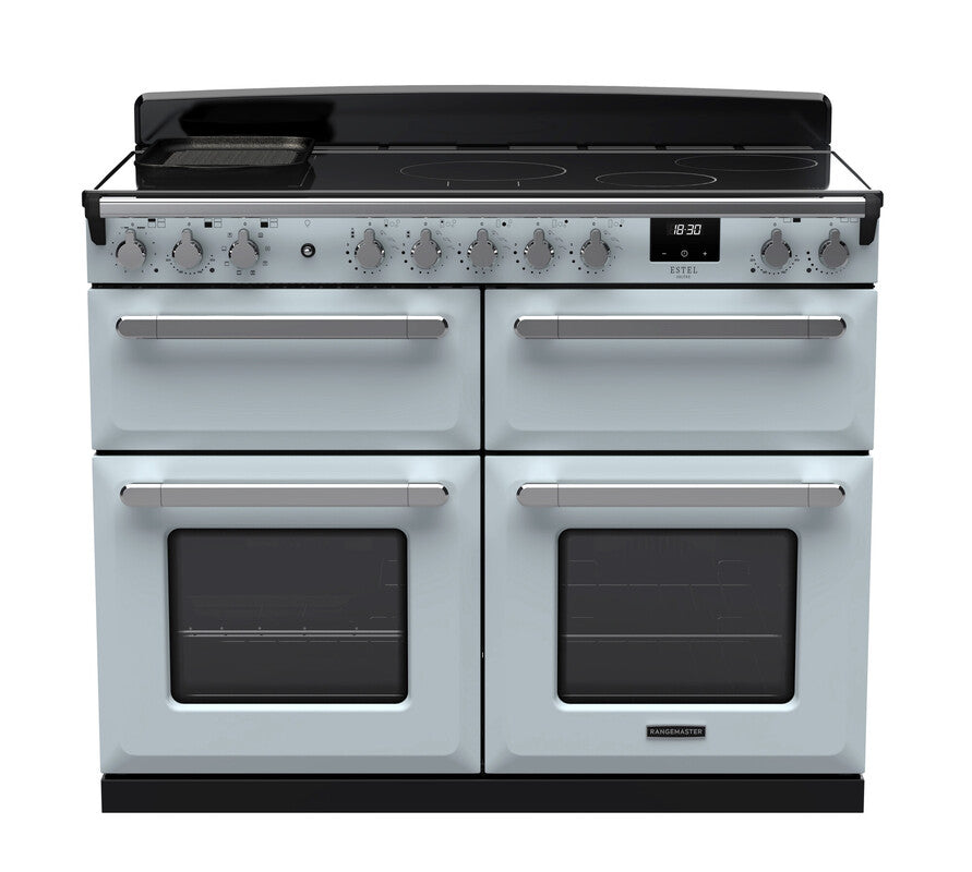 Rangemaster Estel Deluxe 110 Induction range cooker in Misty Blue with Chrome trim