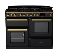Rangemaster Estel Deluxe 110 Dual Fuel range cooker in Gloss Black with Antique Brass trim