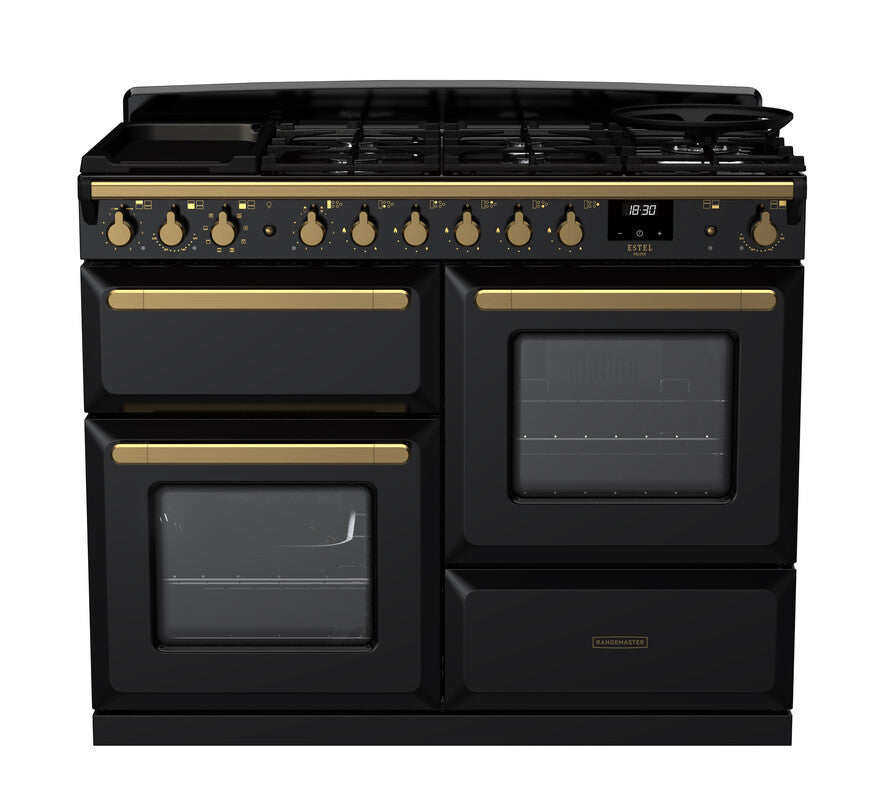 Rangemaster Estel Deluxe 110 Dual Fuel range cooker in Gloss Black with Antique Brass trim