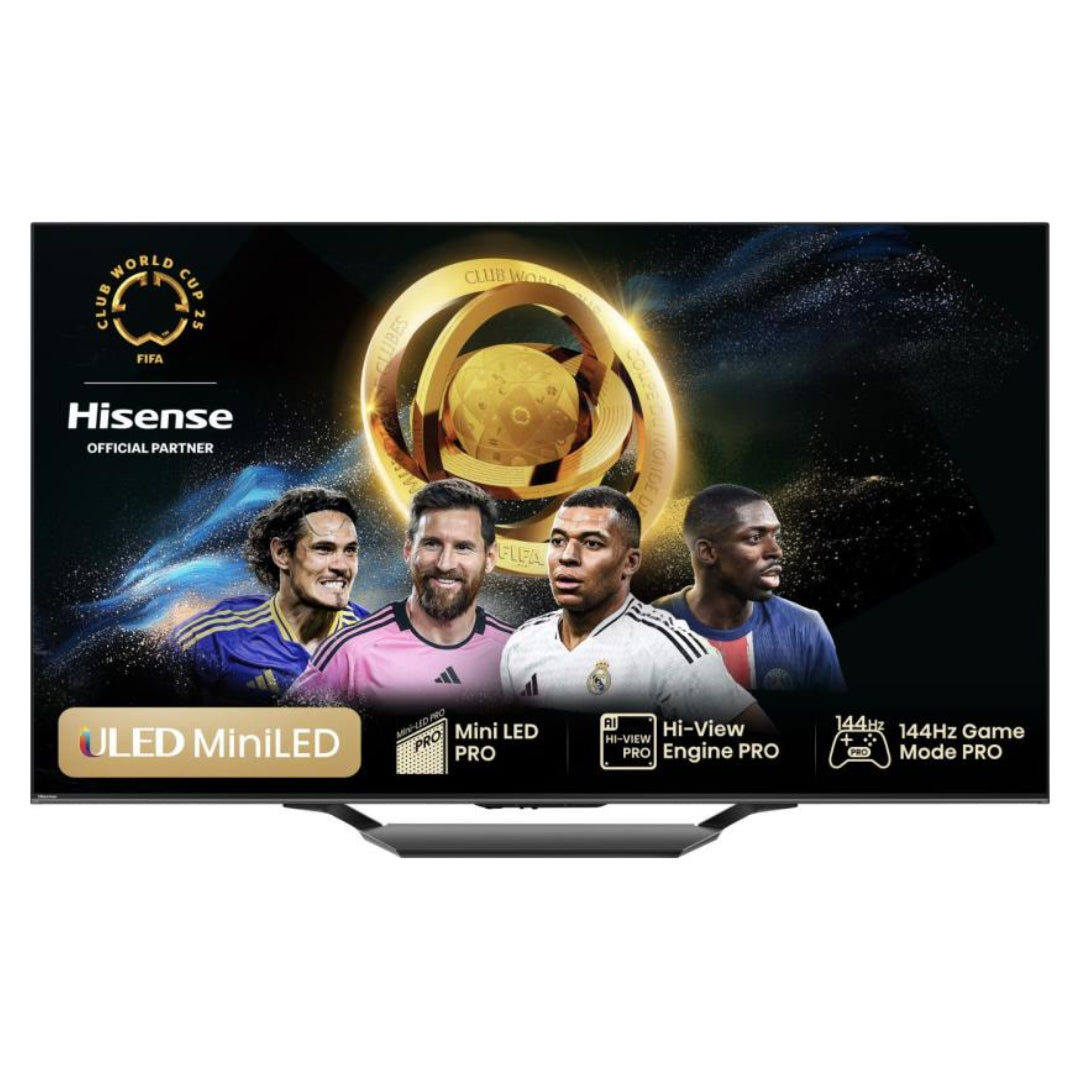 Hisense U7N 75" Mini-LED TV - Black - front view on stand with screen on