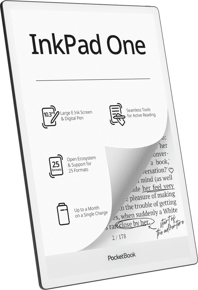 PocketBook InkPad One E-Reader - Matte Black - angled view with stylus