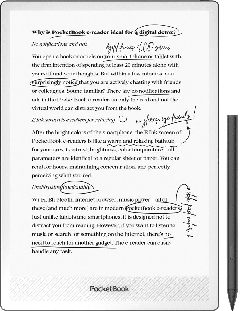 PocketBook InkPad One E-Reader - Matte Black - handwritten annotations