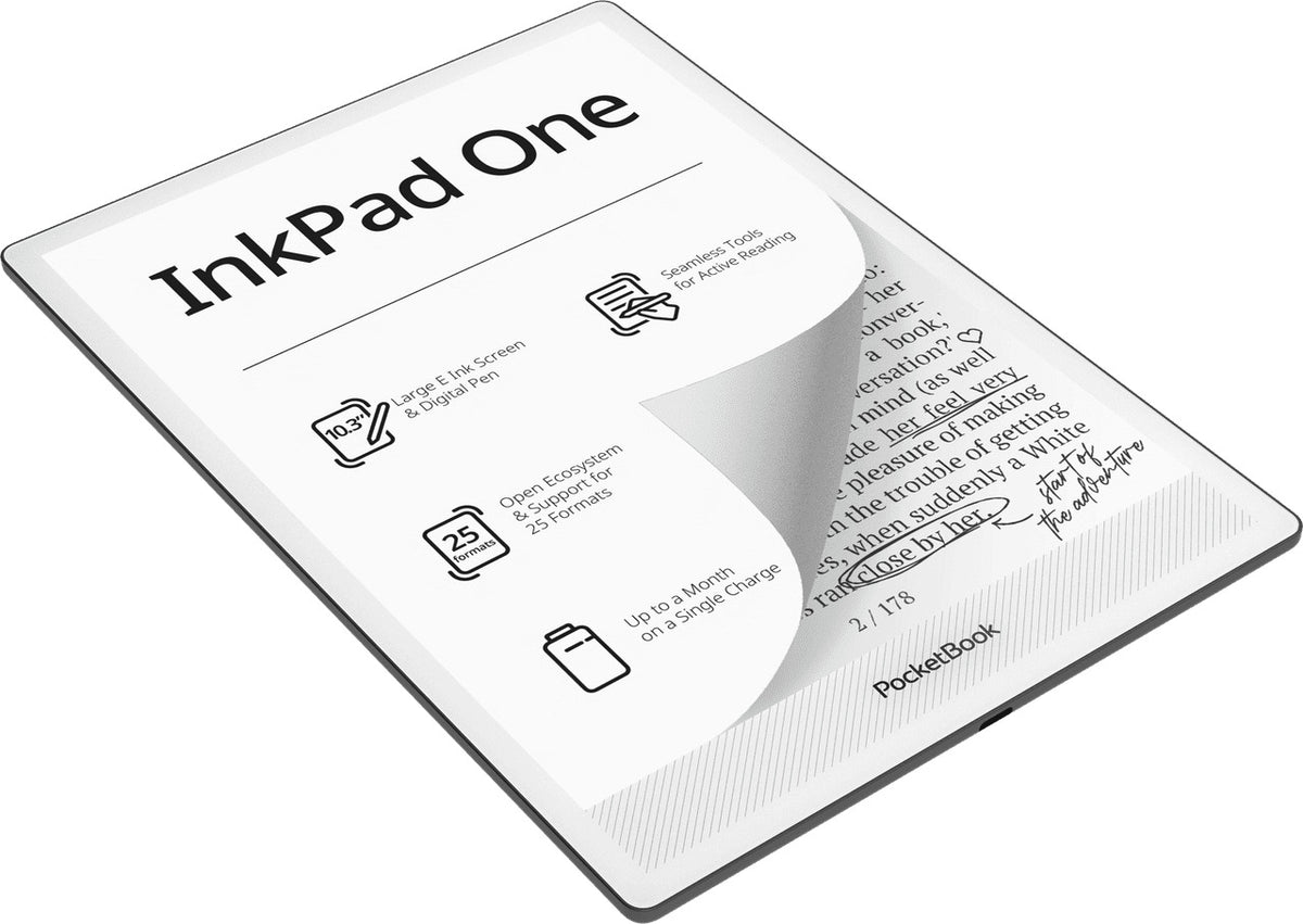 PocketBook InkPad One E-Reader - Matte Black - three-quarter view