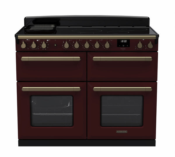 Rangemaster Estel Deluxe 110 Induction range cooker in Bordeaux with Antique Brass trim