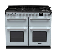 Rangemaster Estel Deluxe 110 Dual Fuel range cooker in Misty Blue with Chrome trim