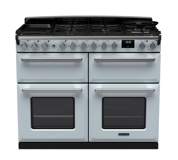 Rangemaster Estel Deluxe 110 Dual Fuel range cooker in Misty Blue with Chrome trim