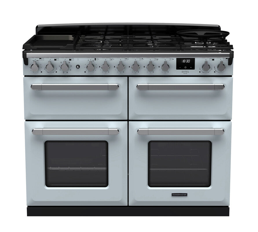 Rangemaster Estel Deluxe 110 Dual Fuel range cooker in Misty Blue with Chrome trim