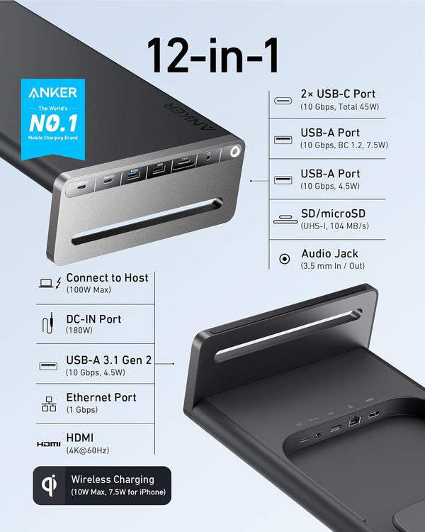 Anker 675 USB-C Docking Station 12-in-1 Monitor Stand Wireless | A83772Z1