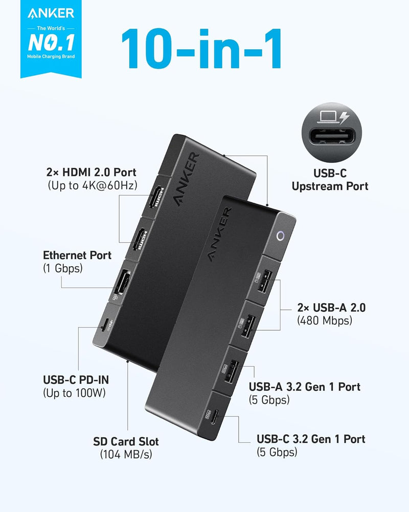 Anker 364 USB-C Hub 10-in-1 Dual 4K HDMI Black | A83A2G11