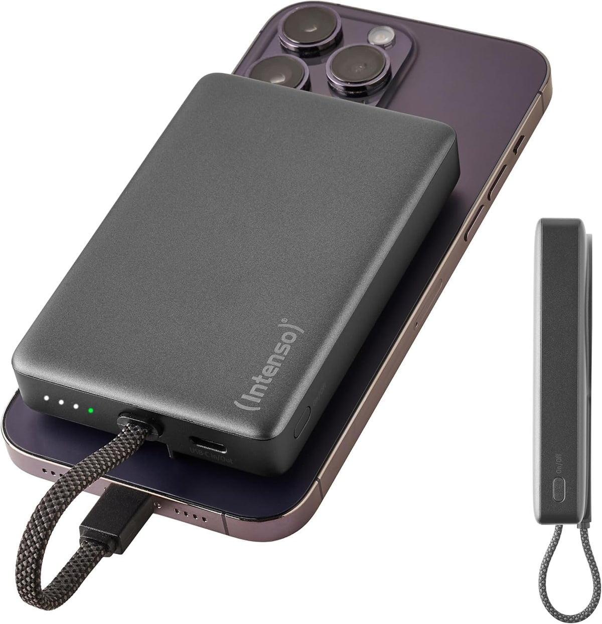 Intenso MC10000 10000mAh 20W Magnetic Power Bank with Built-in USB-C Cable - Grey - front view