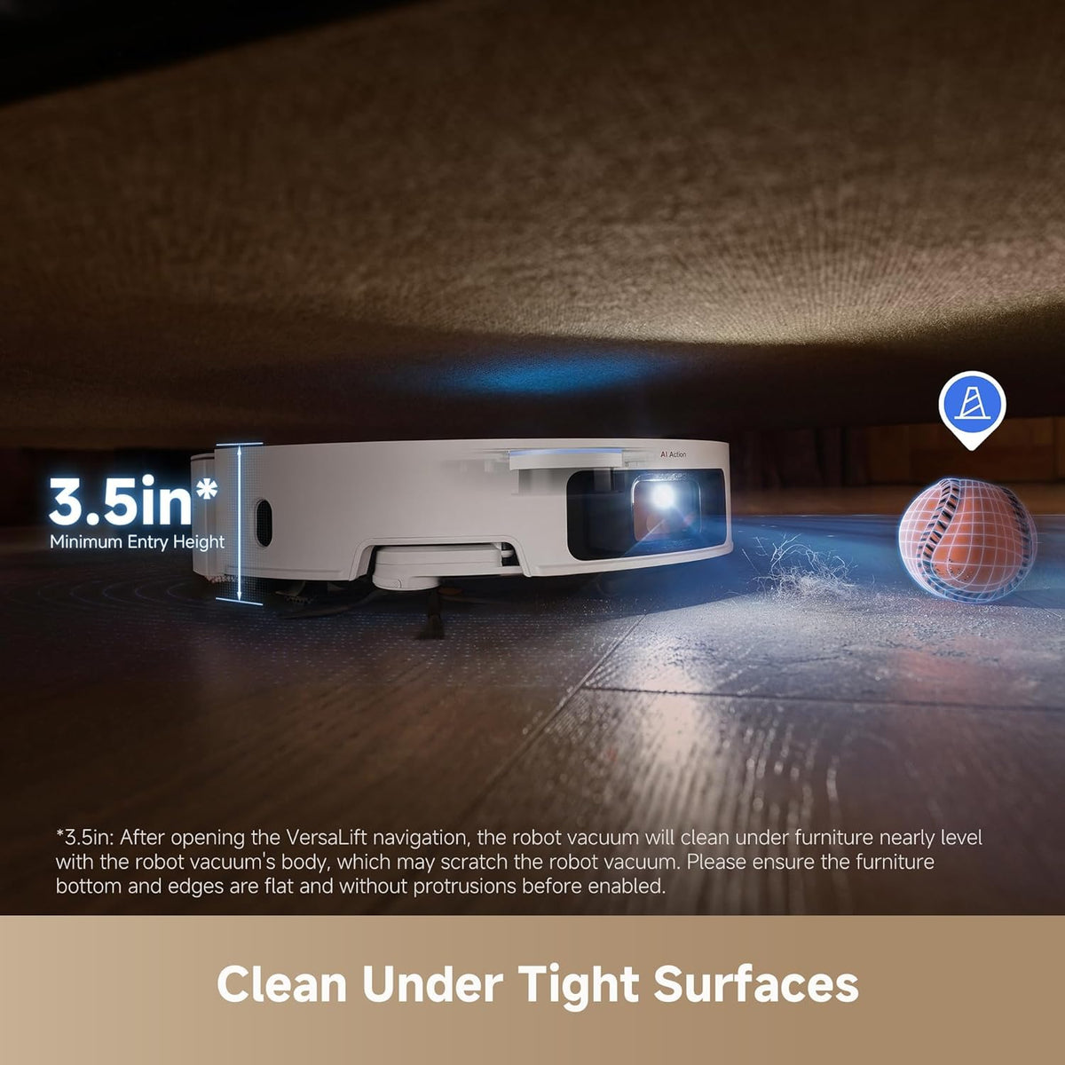 Dreame X50 Ultra Complete - White - VersaLift navigation lowering to clean under furniture