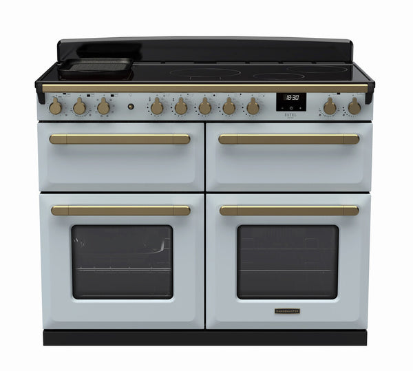 Rangemaster Estel Deluxe 110 Induction range cooker in Misty Blue with Antique Brass trim