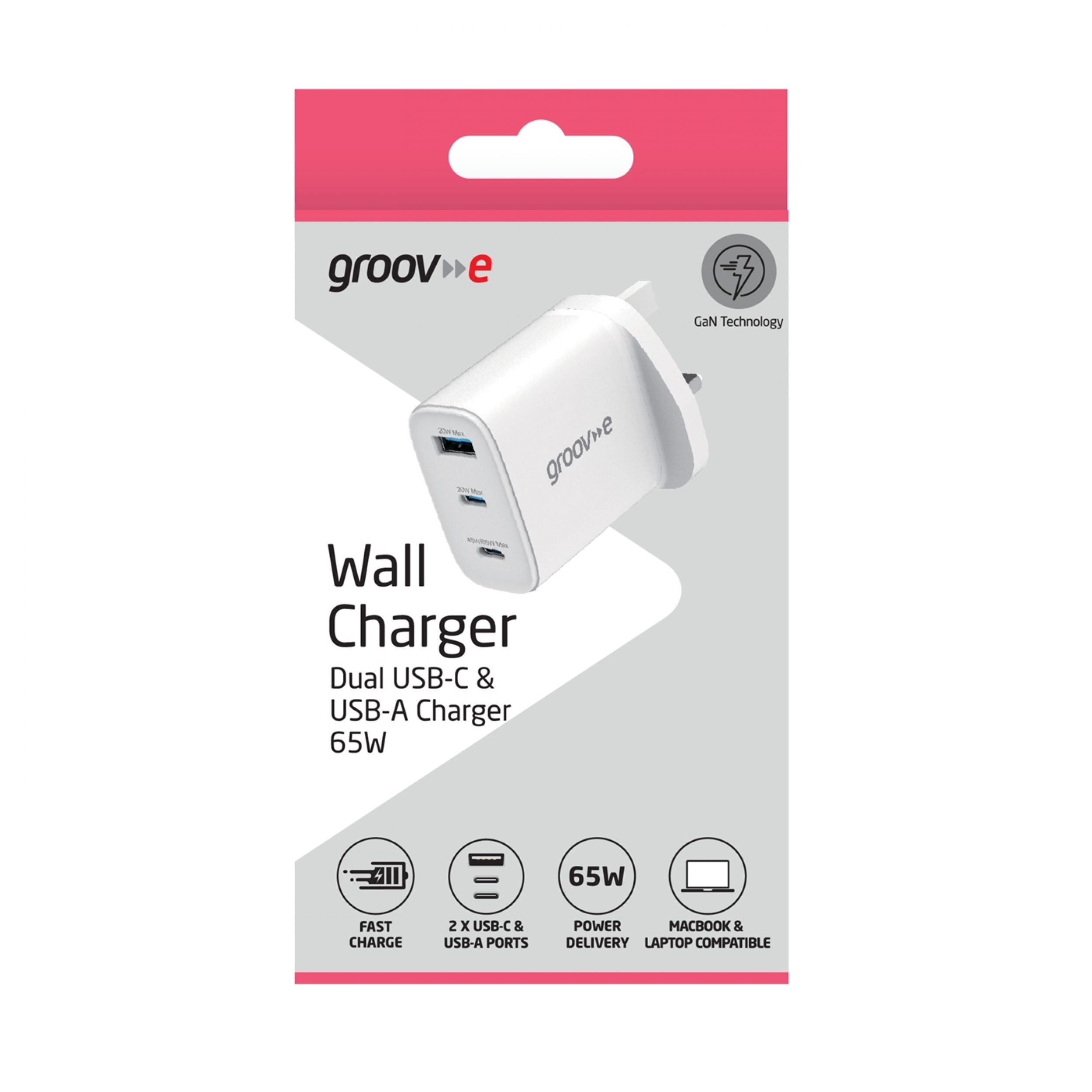 Groov-e 65W 3-Port GaN Wall Charger White - official product image
