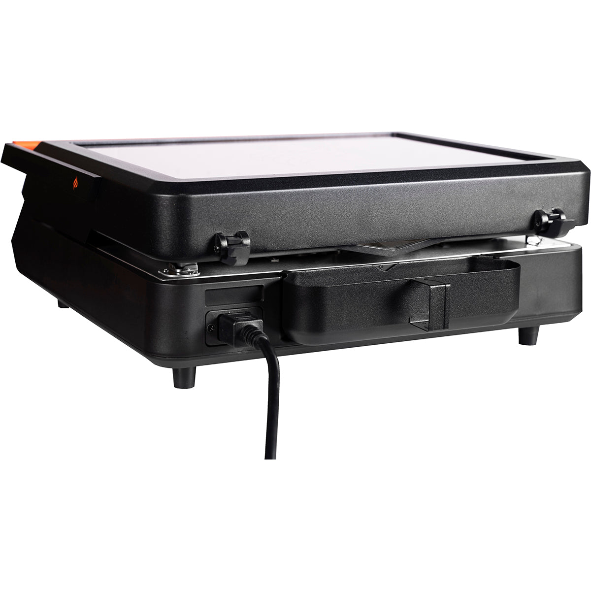 Blackstone E-Series 17" Electric Tabletop Griddle with Hood - Black - rear view, grease cup