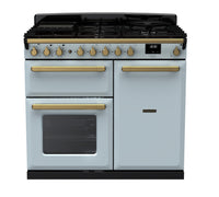 Rangemaster Estel Deluxe 100 Dual Fuel range cooker in Misty Blue with Antique Brass trim