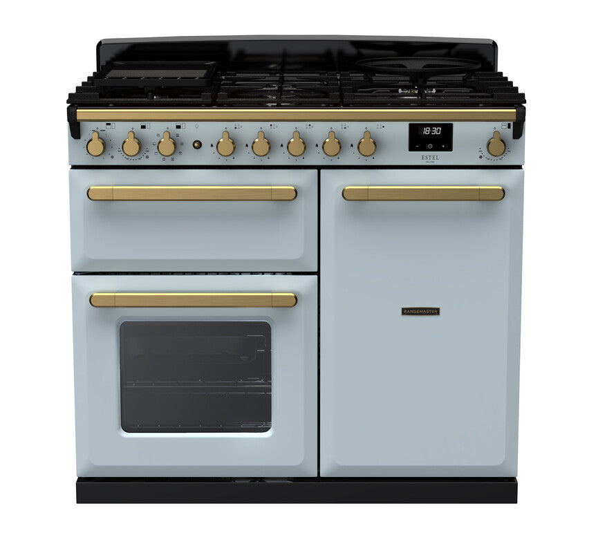 Rangemaster Estel Deluxe 100 Dual Fuel range cooker in Misty Blue with Antique Brass trim