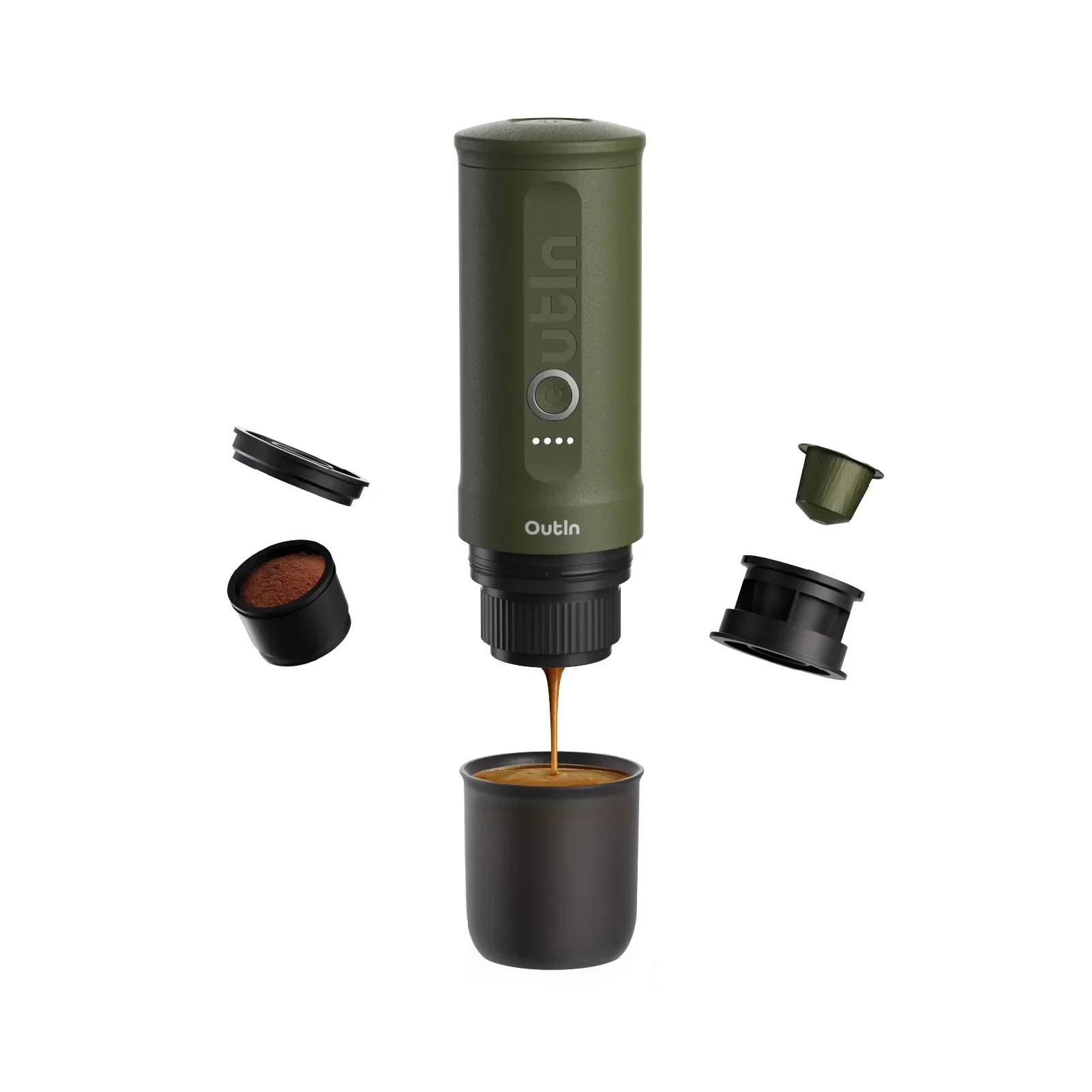 Outin Nano portable espresso machine in Forest Green with ground coffee, coffee capsules and a glass of espresso