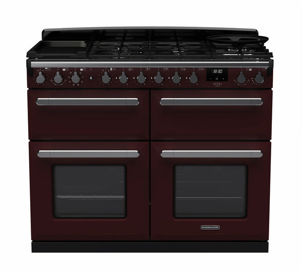 Rangemaster Estel Deluxe 110 Dual Fuel range cooker in Bordeaux with Chrome trim