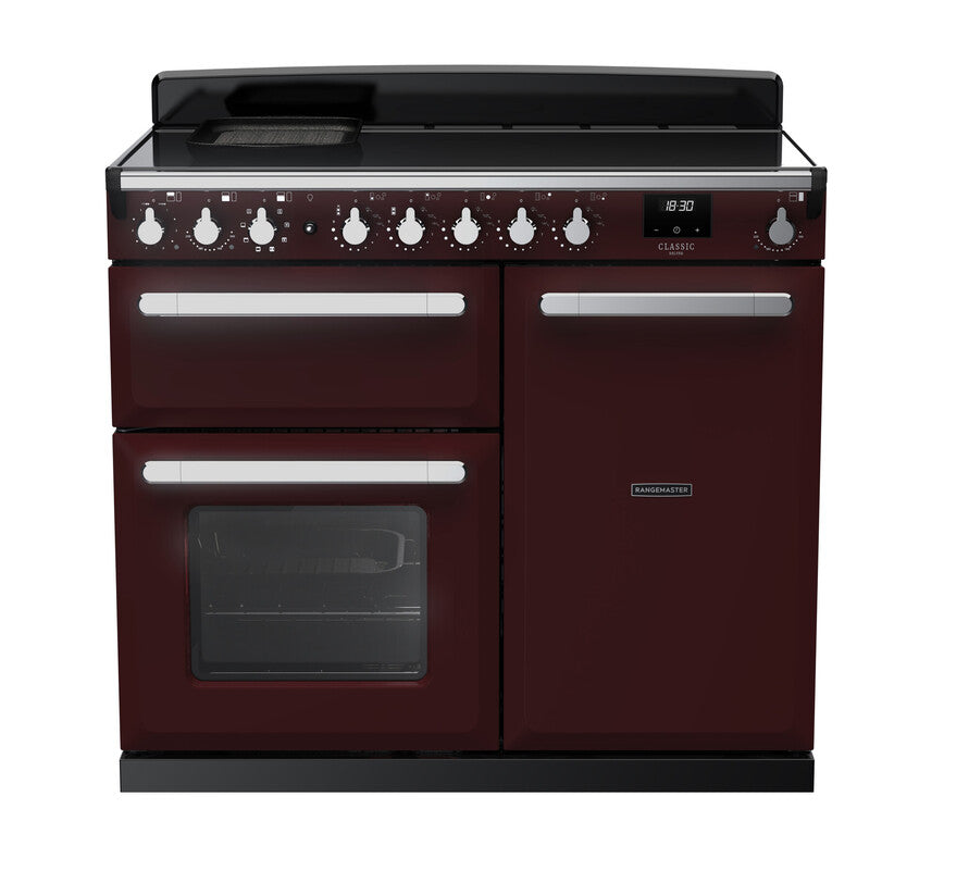 Rangemaster Estel Deluxe 100 Induction range cooker in Bordeaux with Chrome trim