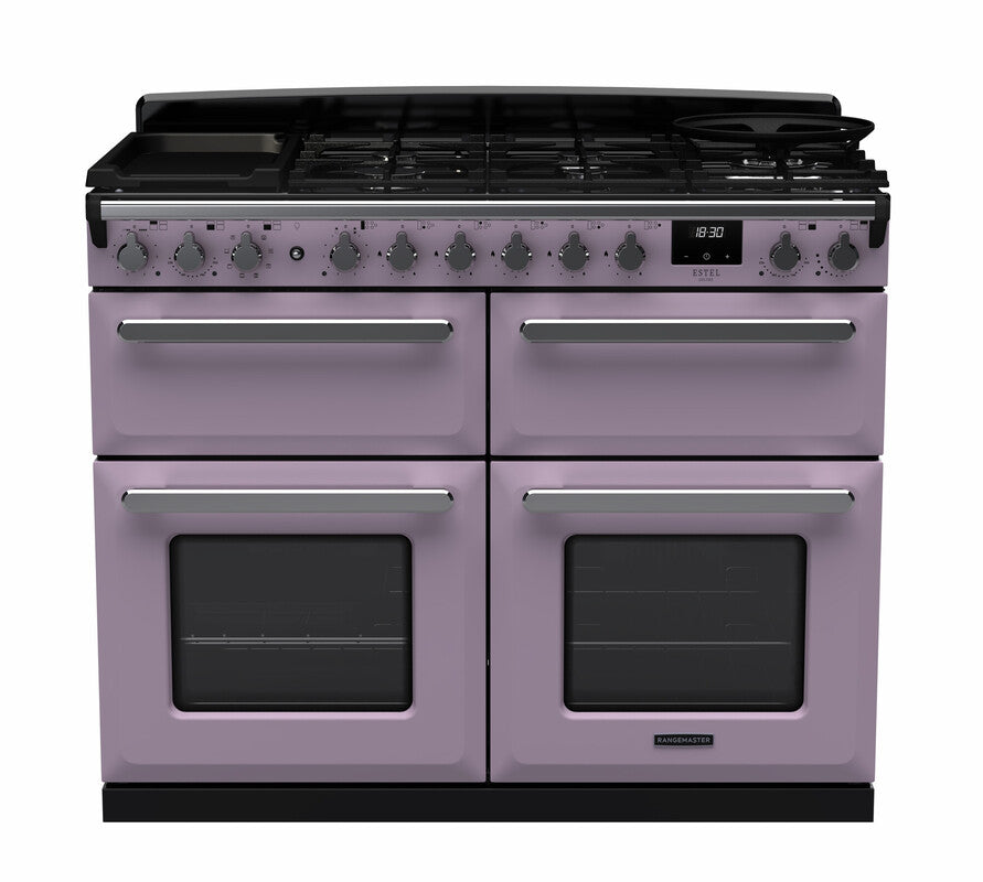 Rangemaster Estel Deluxe 110 Dual Fuel range cooker in Heather with Chrome trim