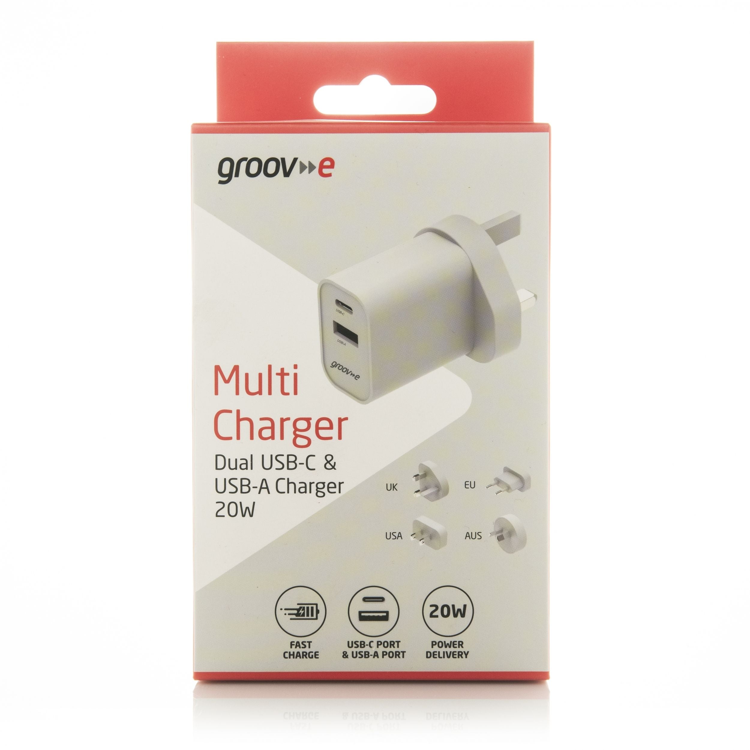 Groov-e 20W USB-C and USB-A Travel Charger with Worldwide Adapters White - official product image