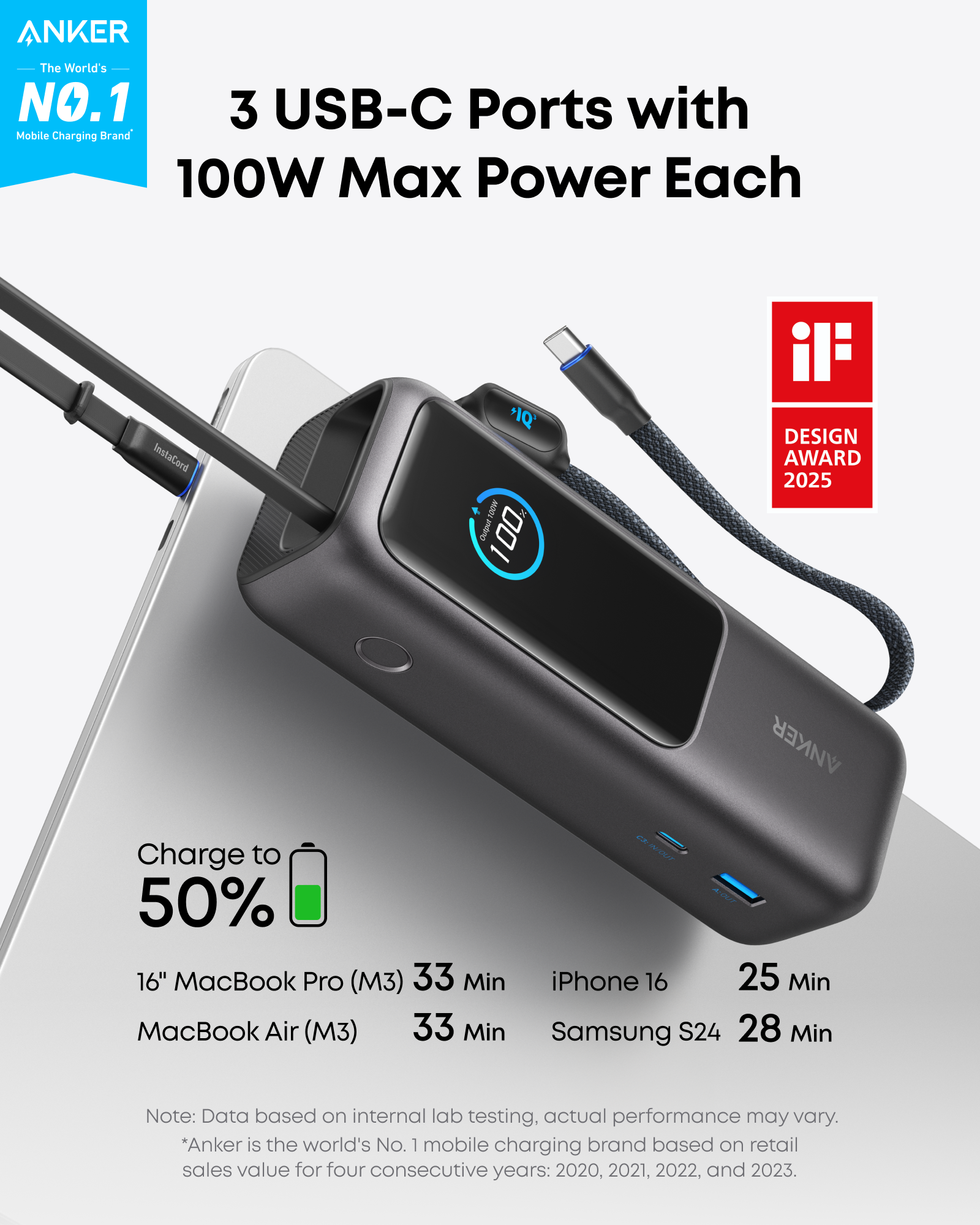 Anker 25K 165W Power Bank with Built-In USB-C & Retractable Cable, Black - official product image