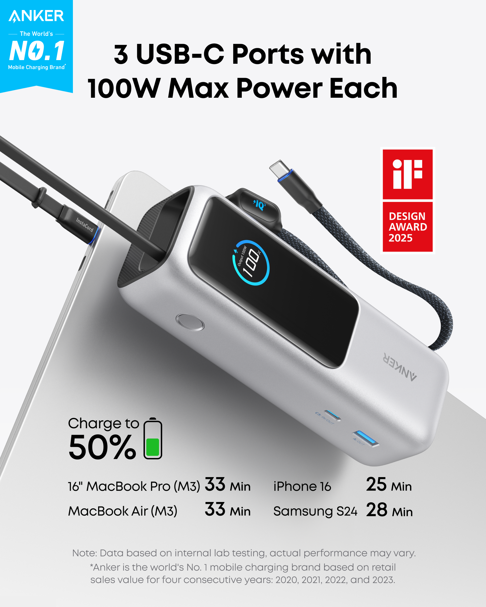 Anker 25K 165W Power Bank with Built-In USB-C & Retractable Cable, Black - official product image