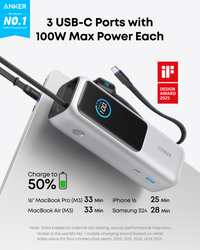 Anker 25K 165W Power Bank with Built-In USB-C & Retractable Cable, Black - official product image