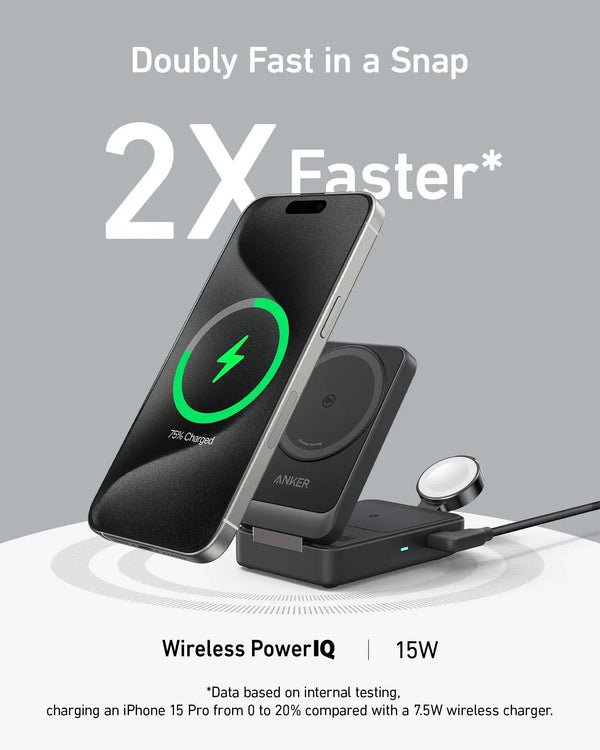 Anker MagGo Wireless Charging Station 15W Foldable 3-in-1 Bundle Cable and Charger | B2557211