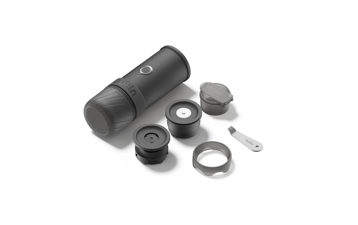 Outin Mino portable electric espresso machine in Space Grey with capsule adapter, filter basket and coffee cup