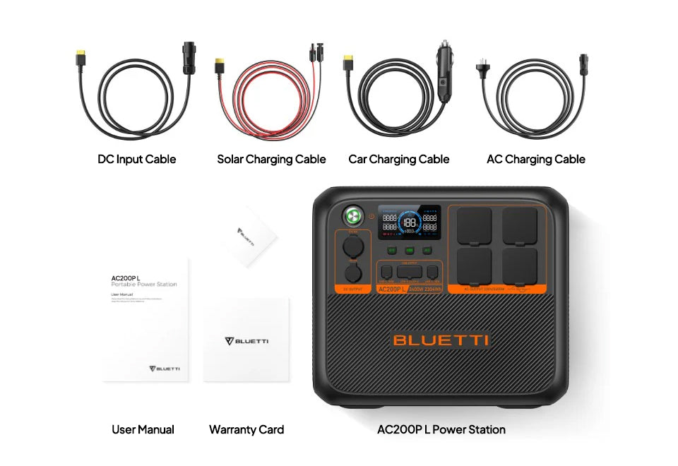 BLUETTI AC200PL 2,304Wh 2,400W Expandable Power Station - what's in the box